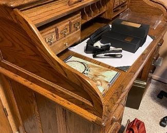 Vintage roll top desk and office accessories 
