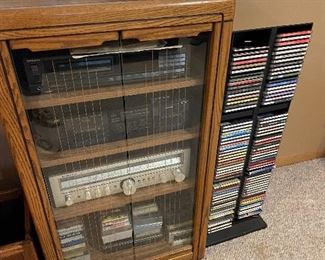 vintage stereo equipment, cassette tapes, CDs