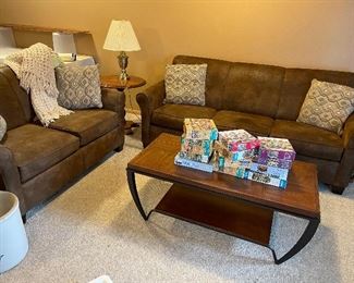 Brown suede Sofa and Loveseat, coffee table, side table and lamp 