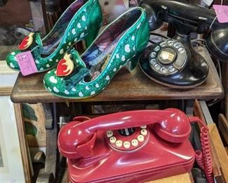 Retro red phone, original black phone,  wild green pumps.