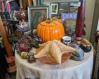 Giant starfish,  ceramic pumpkin, orange carnival glass, 
