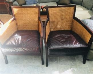 Crate & Barrel rattan chairs with leather seats