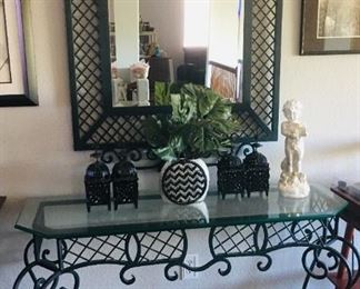 Wrought iron console table with beveled glass