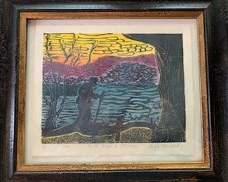 Dorothy Hernandez woodblock print 4/5 'On the Road to Chimayo', 1990