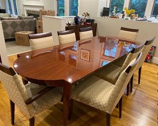 Dakota-Jackson "Epoch" dining table and chairs; more leaves in wood storage crate