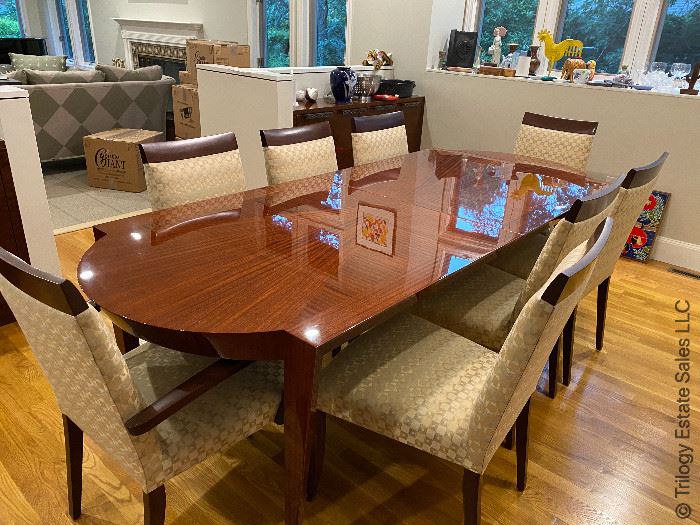 Dakota-Jackson "Epoch" dining table and chairs; more leaves in wood storage crate