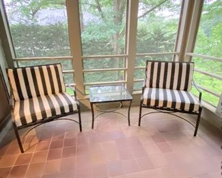 Brown Jordan outdoor furniture. Two chairs will be sold with the side table as shown; the round table will be sold as a set with four chairs.