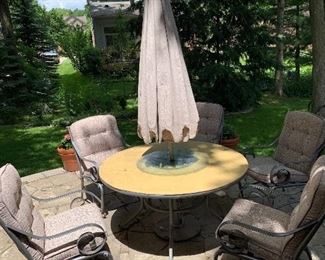 Patio table with 4 chairs and umbrella (wood top)