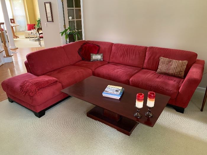 Bernhardt coffee table, red sectional sofa