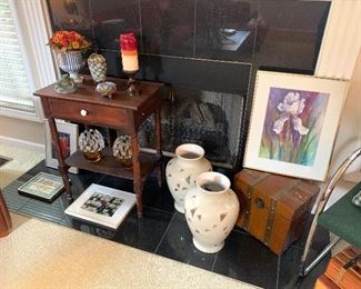 Antique table, vases, art