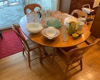 Cherry drop leaf table with 4 chairs, Pyrex, glassware