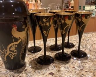 Vintage lacquer cocktail shaker and matching glasses