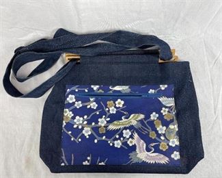 Cranes and flowers denim and wood large shoulder bag