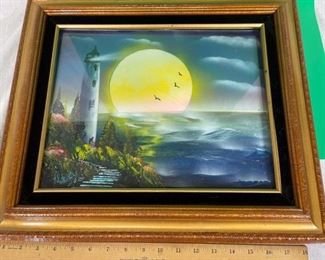 Framed Lighthouse Ocean Scene Wall Art Signed