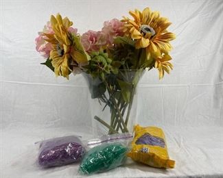 Large Glass Vase of Easter Grass and Faux Flowers