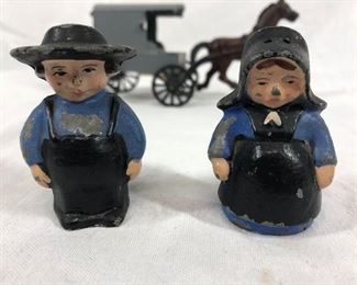 Painted Cast Iron Metal Amish Couple with Horse Buggy Figurine Miniature
