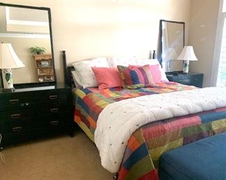 King size bed &  linens, matching Baker nightstands (SOLD), pair of mirrors, pair of lamps