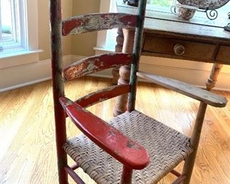 antique red paint woven-seat chair
