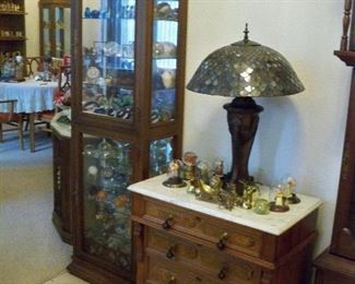 Front Door Curio Cabinet ; Antique/Vintage Marble top 4 Drawer Dresser ; Modern style Stained glass Lamp