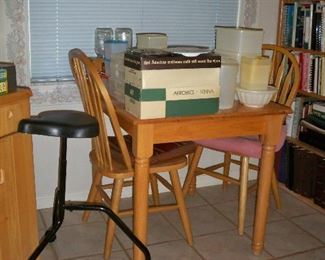 tri-leg rolling seat ;  Square Pine Table with 2 Chairs