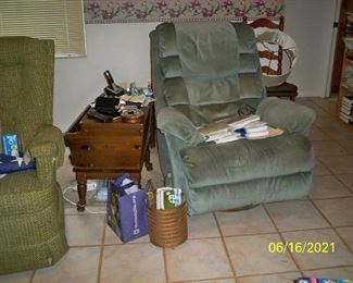 Vintage Dough Box style End Table with Magazine rack ; Lane Swivel Recliner.
