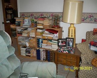 2 - Small Wood Bookcase(s) , Books ; Peters-Revington Furniture End Table #1 ( we have a pair) ; Vintage Pottery Lamp
