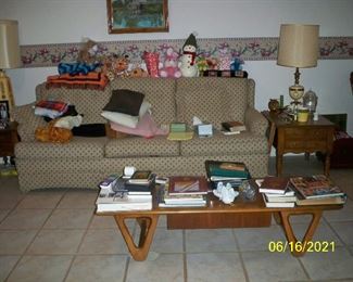Sleeper Sofa ; Vintage Lane 1 Drawer Coffee Table ; 2nd Peters-Revington Furniture End Table , Vintage Table Lamp.