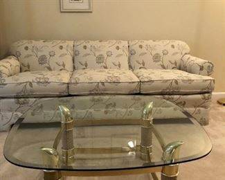 American of Martinsville Handcrafted Sofa: Sofa - 29Hx84Wx33D, Brass & Glass Coffee Table - 16Hx37Wx38D