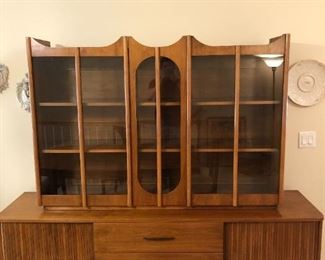 Mid-Century Modern Walnut Jordan Marsh Tambour Door Sideboard Credenza with Glass Front Hutch Top         74Hx78Wx19D