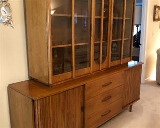 Mid-Century Modern Walnut Jordan Marsh Tambour Door Sideboard Credenza with Glass Front Hutch Top         74Hx78Wx19D 