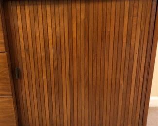 Mid-Century Modern Walnut Jordan Marsh Tambour Door Sideboard Credenza with Glass Front Hutch Top        74Hx78Wx19D