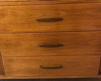 Mid-Century Modern Walnut Jordan Marsh Tambour Door Sideboard Credenza with Glass Front Hutch Top        74Hx78Wx19D 