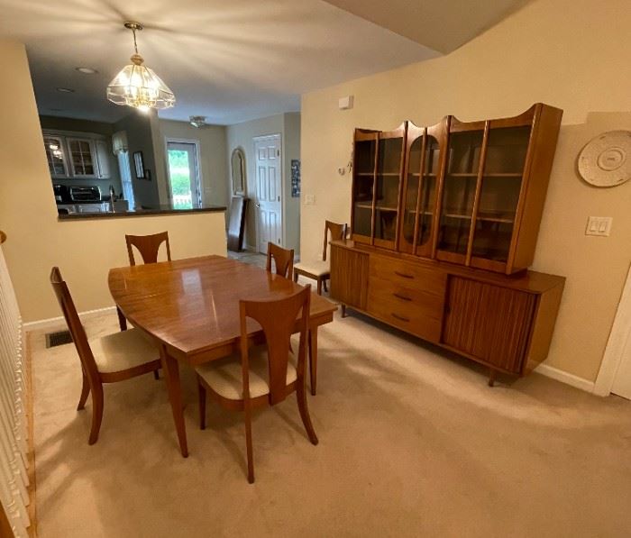 Mid-Century Modern Walnut Jordan Marsh Tambour Door Sideboard Credenza with Glass Front Hutch Top & Matching Dining Table with 5 Chairs & 2 additional leaves