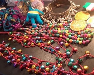 Colorful necklaces, Fiesta medals, belly dancer's jewelry