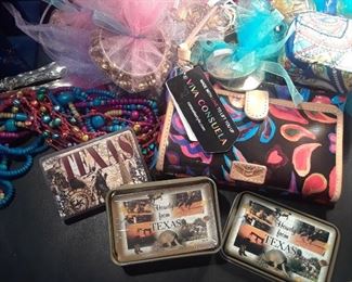 Playing cards, belly dancer's jewelry and cymbals, colorful accessories.