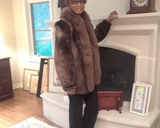Fur jacket with dyed fox collar and front edging. Size 12-14.