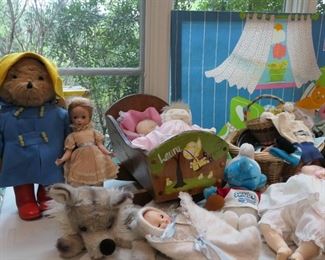 Large Paddington Bear, wolf hand puppet, dolls