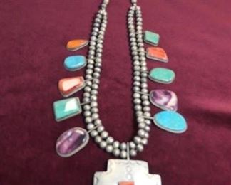 .925, amethyst, coral, and turquoise necklace. Signed GB (George Begay)