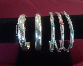 .925 and sterling bangle bracelets, turquoise, coral