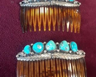 Natural turquoise and .925 hair combs. Older