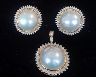 Mabe pearl and diamond, 14k pendant and ear set