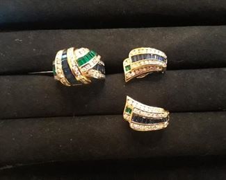 Ruby, sapphire and emerald with diamonds earrings and ring. Signed Charles Kyrpell.