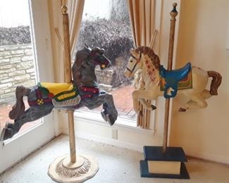 Small scale floor standing carousel horses. Decorative but they appear to be strong enough for a small child for a special photo to send to grandparents 
