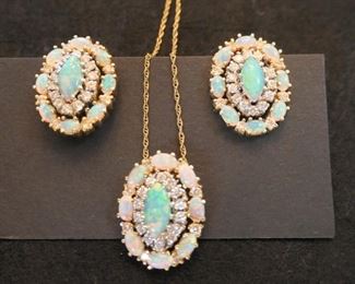 Opal and diamond earrings and pendant. Diamonds and 14k gold