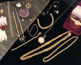 14k and 18k bracelets and necklaces. Chatelaine 14k watch on 18k chain.