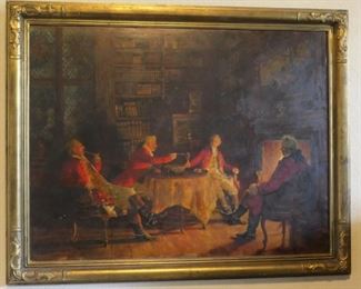 Scene with men relaxing in front of the fire entitled "After the Hunt" - produced from an original by Frank Moss Bennett.