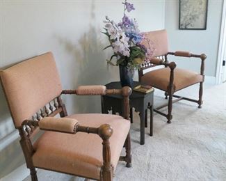Pair of Victorian side chairs, Mission style table in center. One of two delicate Chinese watercolors appears in the background.