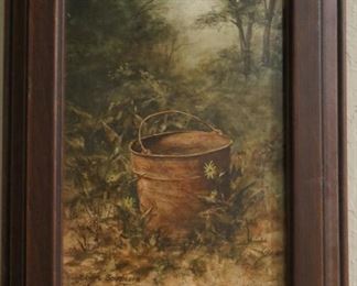 10" x 12" painting of a pail in a wooded setting. Signed Michael Schroeder '76