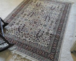 4' x 6' Persian rug in soft gray and natural with burgundy accents.