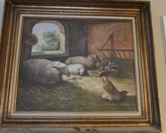 Oil on canvas of sheep at rest. Signed Len Glory